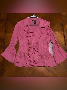 Sunny Taylor petite Rose-Pink Ruffle Front Lace-Trim Blouse